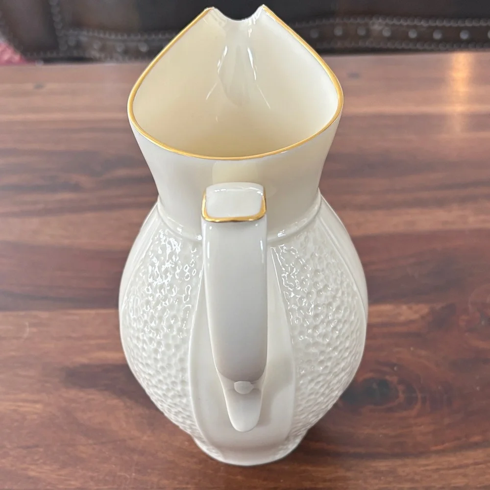 Vintage MCM Lenox Ivory Pitcher Made In USA with Gold Rim Dimpled‎ Panels